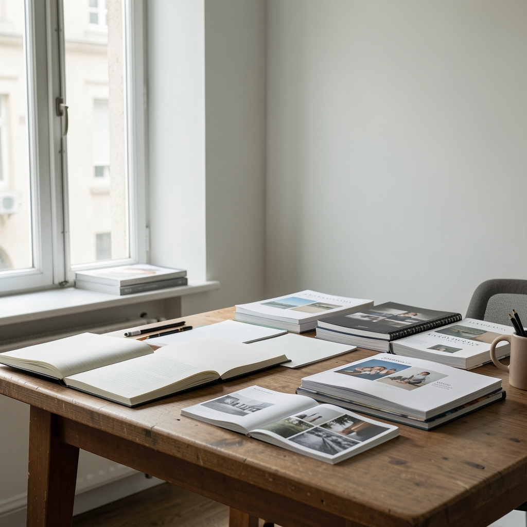 Pale editorial studio with a writing desk, daylight streaming across an open notebook and a bowl of seasonal produce — quiet working environment