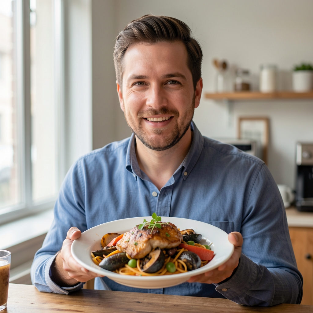 Food journalist's open notebook beside a simple seasonal lunch — handwritten notes visible, sprig of herbs, worn wooden table surface, warm daylight