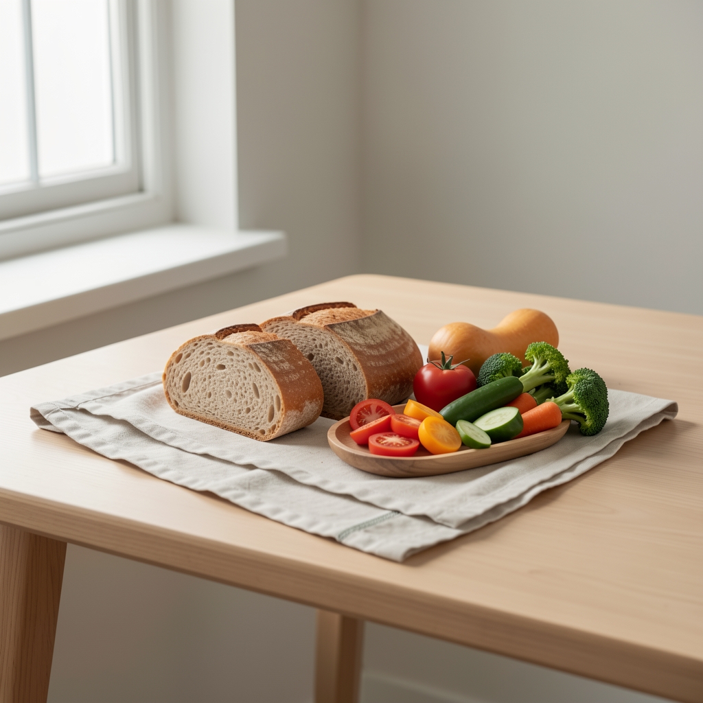 Minimalist editorial desk with a simple lunch arrangement — pale linen cloth, whole-grain bread, seasonal vegetables under soft natural window light