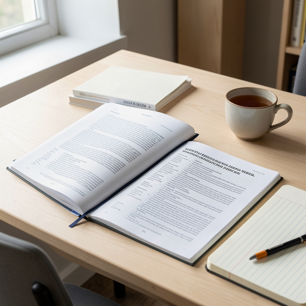 Open research journals and printed nutritional study excerpts arranged on a pale wooden desk beside a cup of tea and a ruled notebook in a quiet editorial workspace